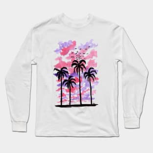 Pastel Clouds Coconut Trees Gouache Painting Long Sleeve T-Shirt